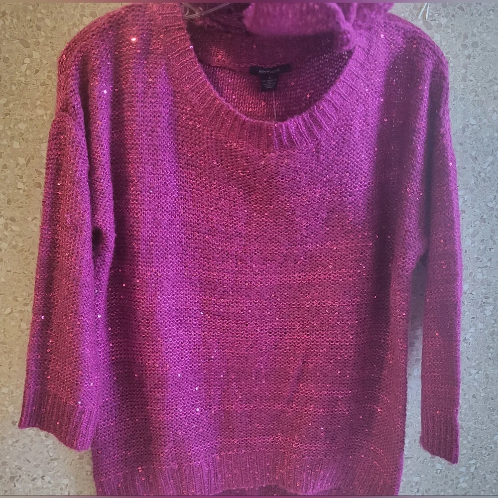 Westbound Metallic Fuchia Sweater With Scarf, Womens‎ Size S NWTS
